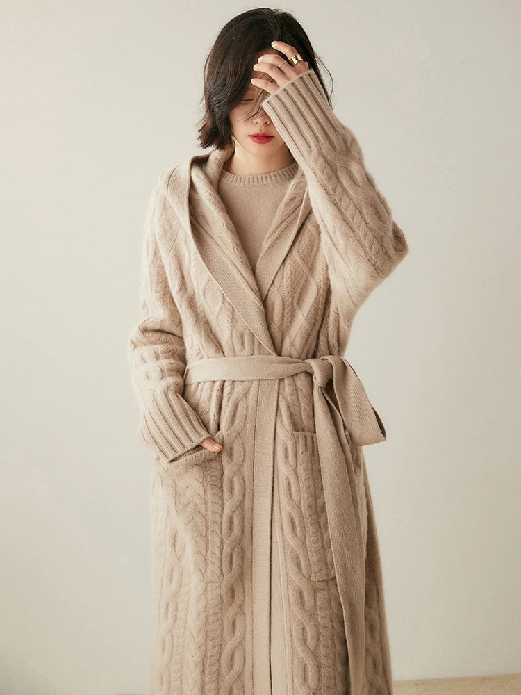 Luxury Women's Long Coat Hooded Cardigan 100% Cashmere Sweater Autumn Winter Thick Lace-up Knitwear Cashmere Clothing Warm Tops