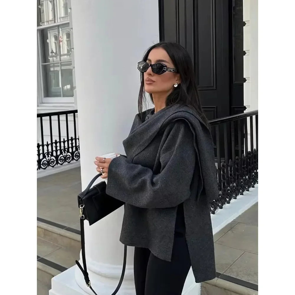 zark Warm Coat 2024 Autumn Lady Overcoat Women Fashion Scarf Decorated Woolen Jacket Solid Long Sleeve Loose Warm Overcoat