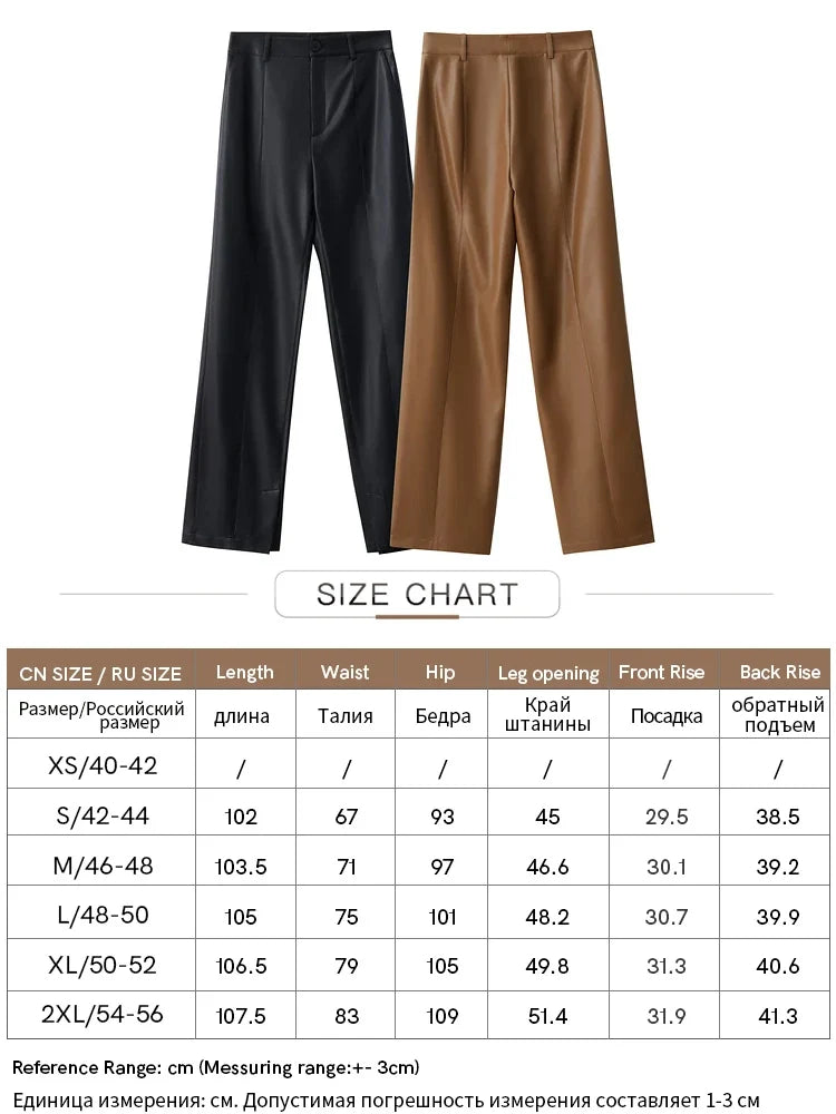 AMII Minimalist PU Leather Casual Pants for Women 2024 Autumn New Loose Floor Length Straight Slit Female Trousers 12343250