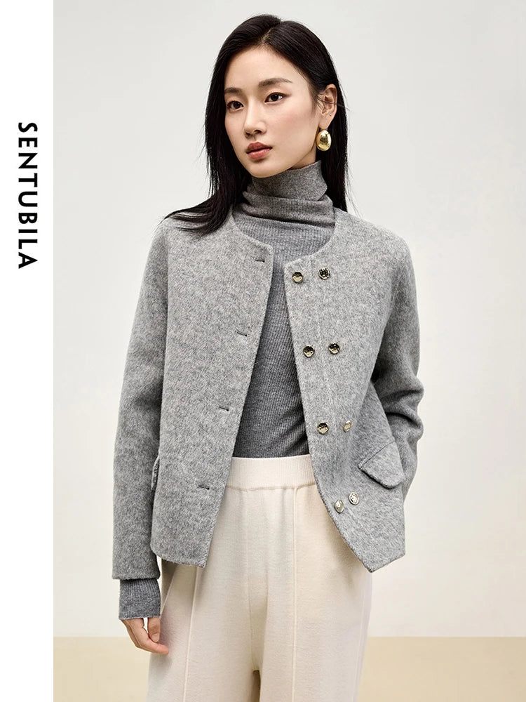 SENTUBILA Women Short Grey Woolen Coat 2024 Elegant Crew Neck Metal Double Breasted Short Jackets Winter Outerwear W44O56641