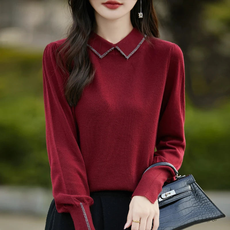 Women Merino Wool Sweater Polo Collar Lantern Sleeve Pullover Autumn Winter Knitted Clothing Diamond Long Sleeve Bottoming Tops