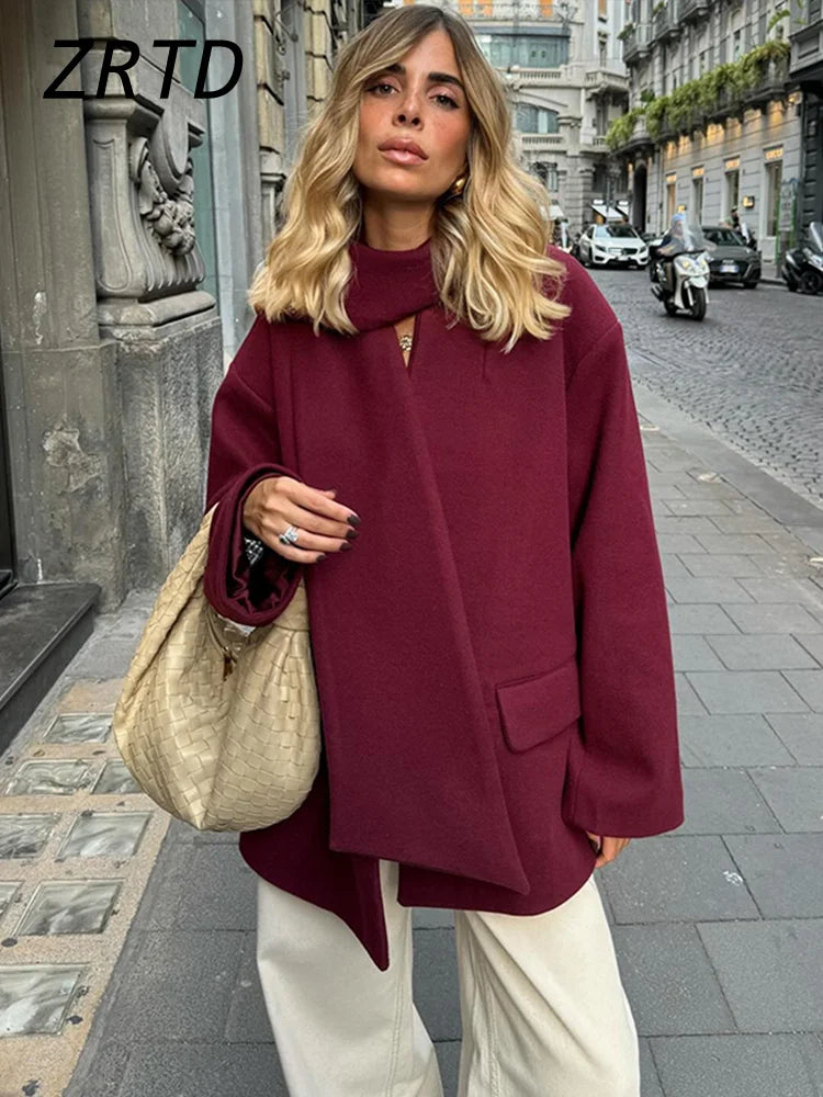 Vintage Women's Woolen Coat With Scarf Loose V-neck Single Breasted Full Sleeve Female Jackets 2024 Autumn Lady Fashion Outwear