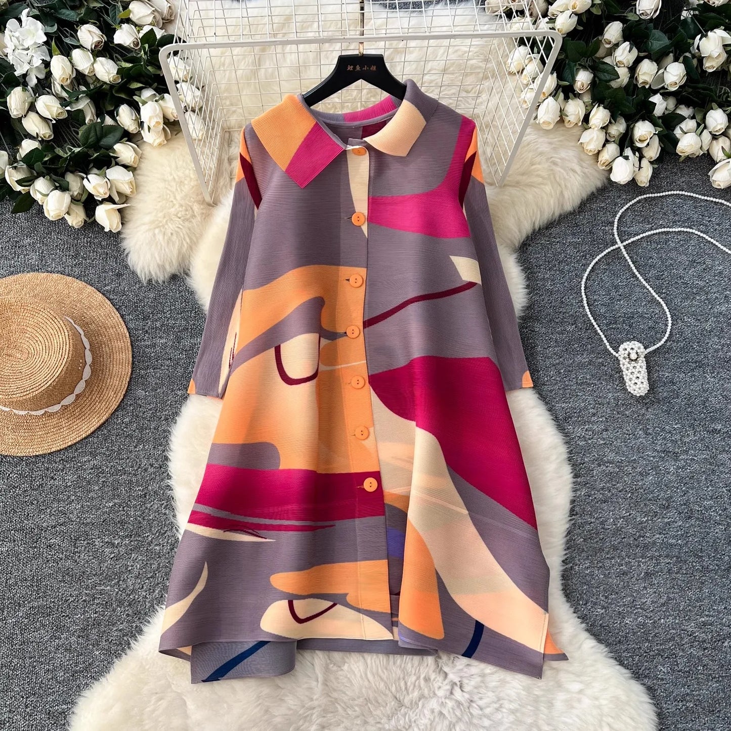 Miyake Pleated Large Size Shirt Dress Women's 2024 Autumn New Colorblock Print Stand Collar Loose Fat MM Slim Stretch Cardigans