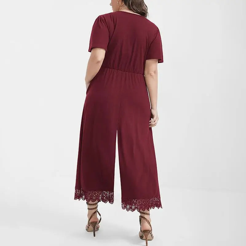 Women Jumpsuit 2024 Summer New Fashion Elegant Plus Size Female Knitted Lace Splicing Temperament Jumpsuit Casual Solid Color