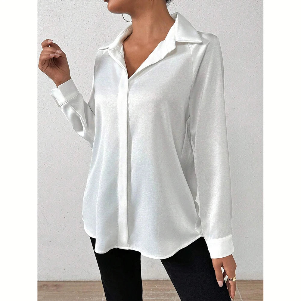 Mia Muse Women's Shirts Autumn Elegant Decent Plain Long Sleeve Shirt Collar Workwear Shirts