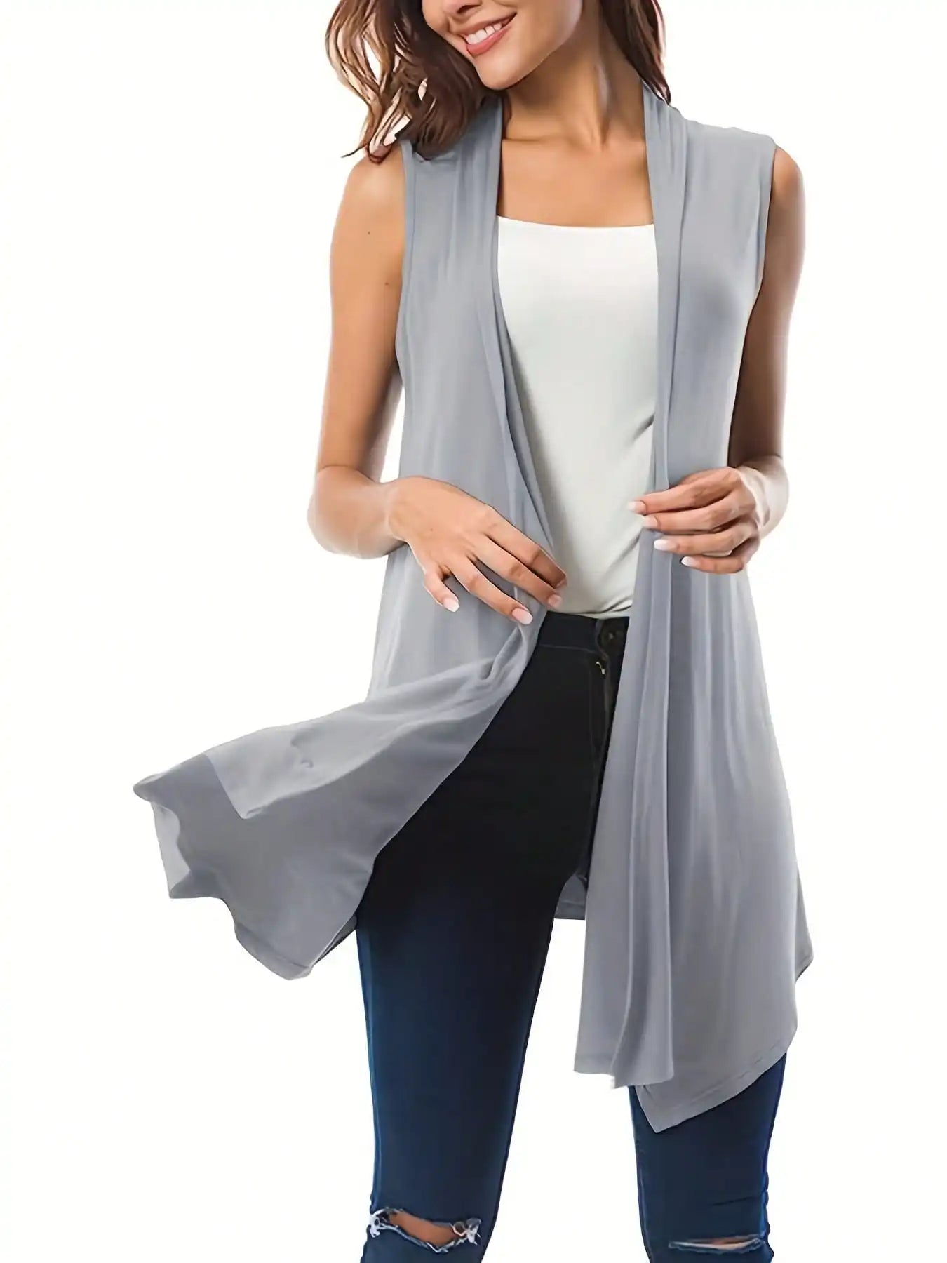 Women's Plus Size 1XL-5XL Asymmetrical Hem Sleeveless Cardigan Versatile Solid Color Casual Cardigan Simple Fashionable Cardigan