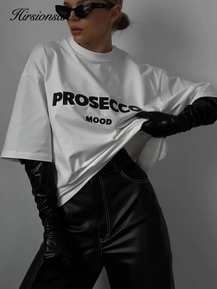 Hirsionsan 100% Cotton Letter Print T Shirt Women 2024 Summer New Basic Vintage Tee Casual Loose Chic O Neck Female Couple Tops