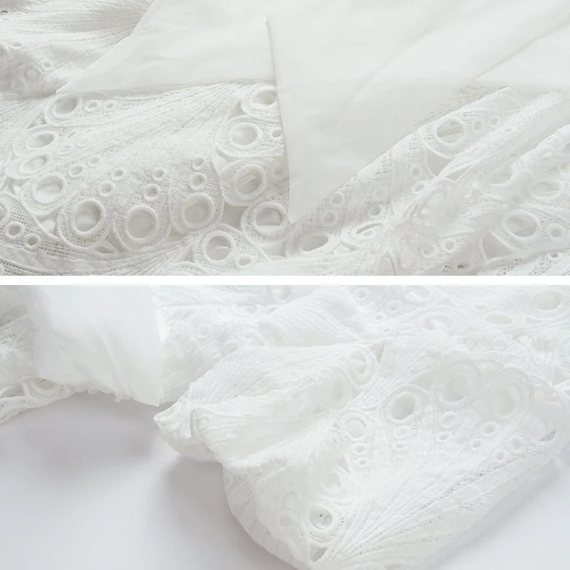 French Summer New Elegant White Dress Lace Puff Sleeve Tight Waist Slimming Hollow-Out Fashion V-Neck Fress Women's Clothing