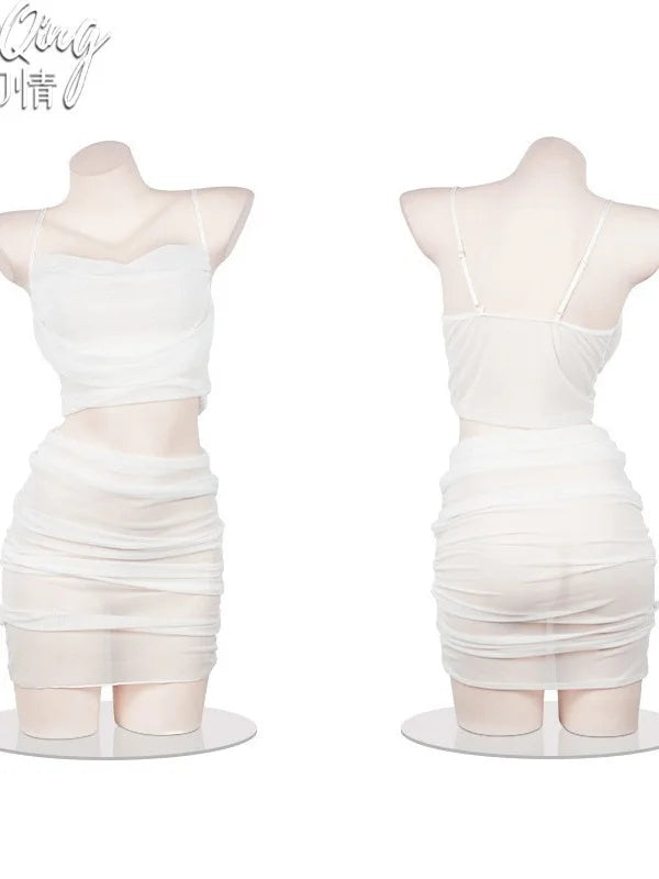 Love Veil Perspective Erotic Women's Hot Secretary Uniform Pajamas Dress Elegant Sweet Korean Women Mini Dress 2024 New Tops 3N8