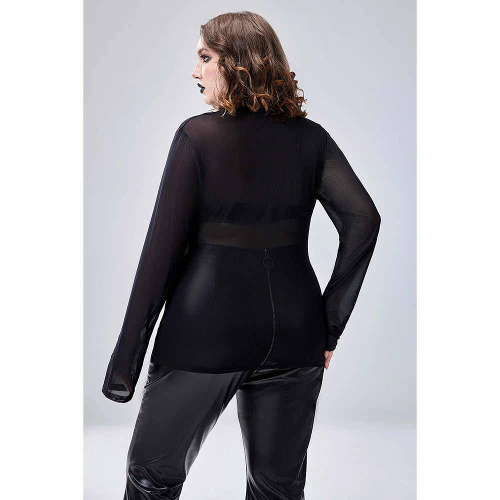 Plus Size Halloween Costume Gothic Black Round Neck Mesh See-Through Long Sleeve Blouse