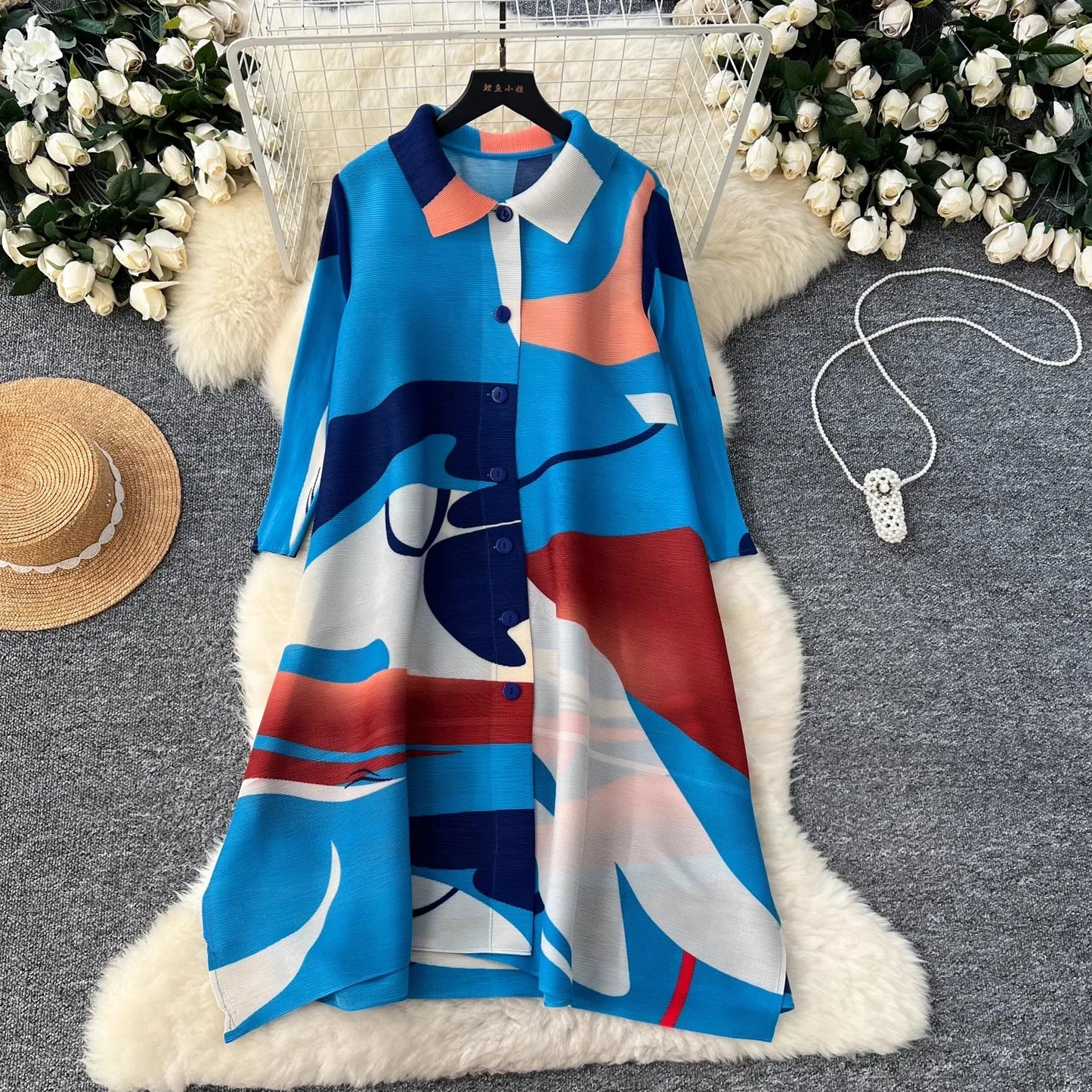 Miyake Pleated Large Size Shirt Dress Women's 2024 Autumn New Colorblock Print Stand Collar Loose Fat MM Slim Stretch Cardigans