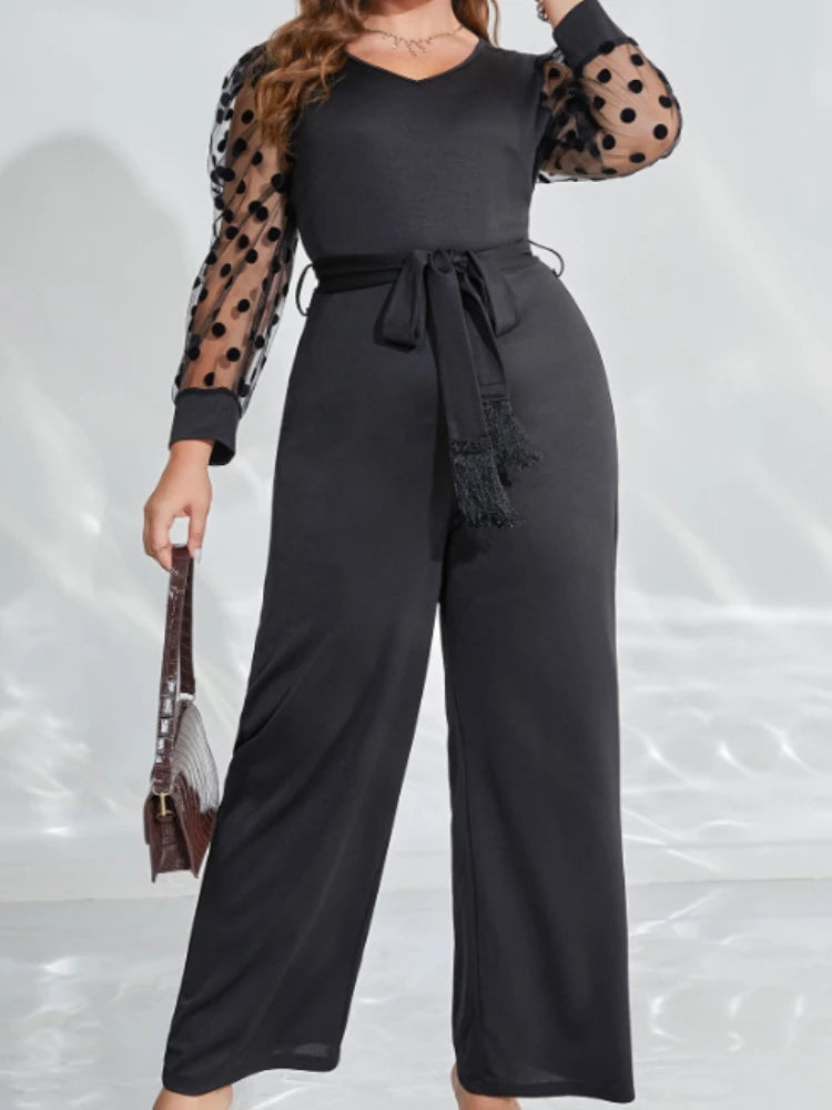 Black Jumpsuits Plus Size 4XL V Neck Long Dot Sleeve High Waist Wide Leg Pants Rompers Overalls for Women Evening Casual Party
