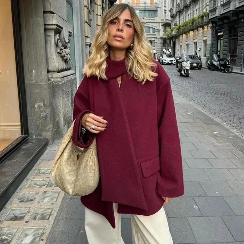 Vintage Women's Woolen Coat With Scarf Loose V-neck Single Breasted Full Sleeve Female Jackets 2024 Autumn Lady Fashion Outwear