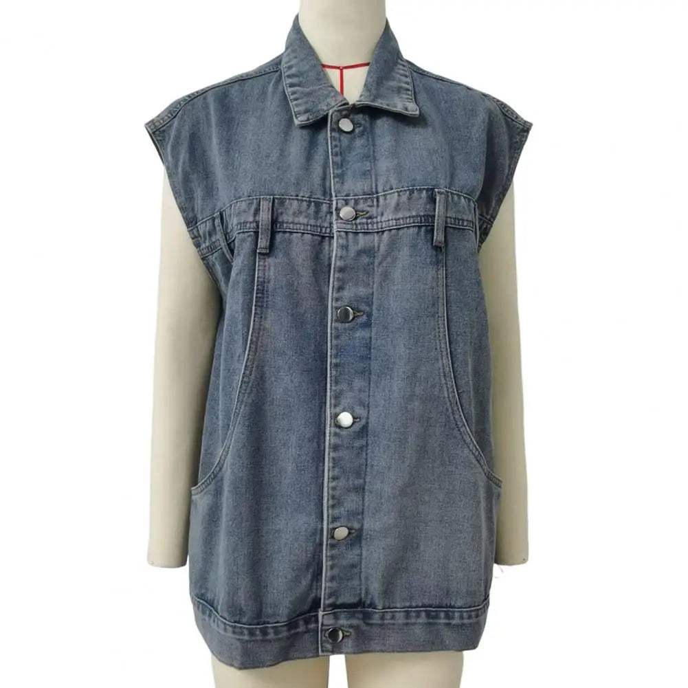 Denim Waistcoat Stylish Women's Denim Vest with Big Pockets Single-breasted Design Casual Sleeveless Jacket for Streetwear Retro