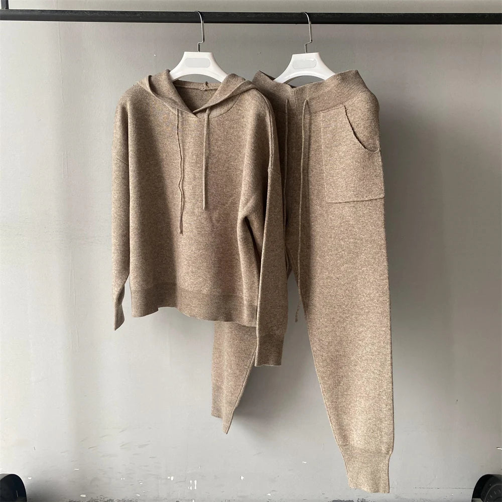 Jxwatcher Women's Sweater and Pant Sets With Real Fox Fur Collar Autumn Fashion Ladies Knitted Two Piece Set With Hooded Female