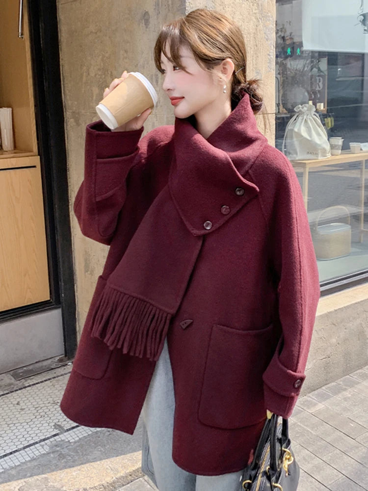 LANMREM Korean Style Women Short Wool Coat Scarf V Neck Solid Color Single Breasted Jackets Fashion Winter New Clothing 2VV1935
