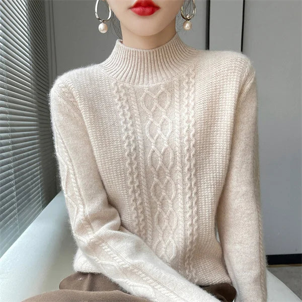 Women's Sweater Autumn Winter Outside Wear Pullovers Half High Collar Knitwear Fashion Long Sleeve Pull Femme Sueter Tops