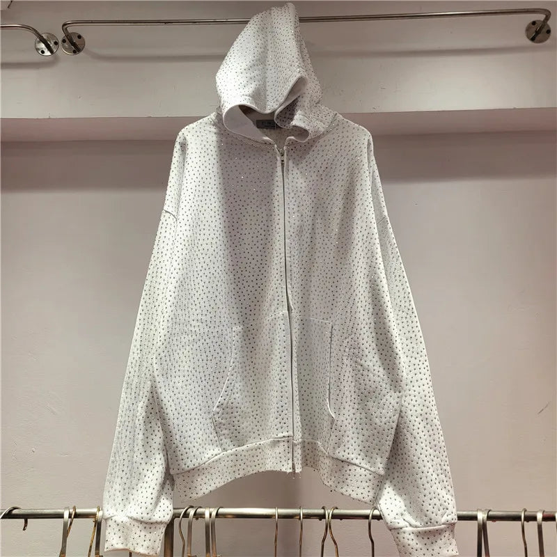 High Street Diamond Hoodies 2 Piece Sets Women Heavy Industry Washed Loose Casual Sportswear High Waist Wide Leg Pants Tracksuit