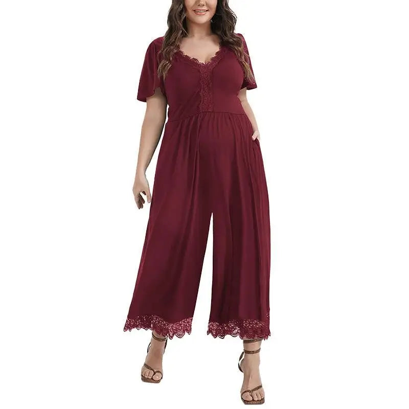 Women Jumpsuit 2024 Summer New Fashion Elegant Plus Size Female Knitted Lace Splicing Temperament Jumpsuit Casual Solid Color