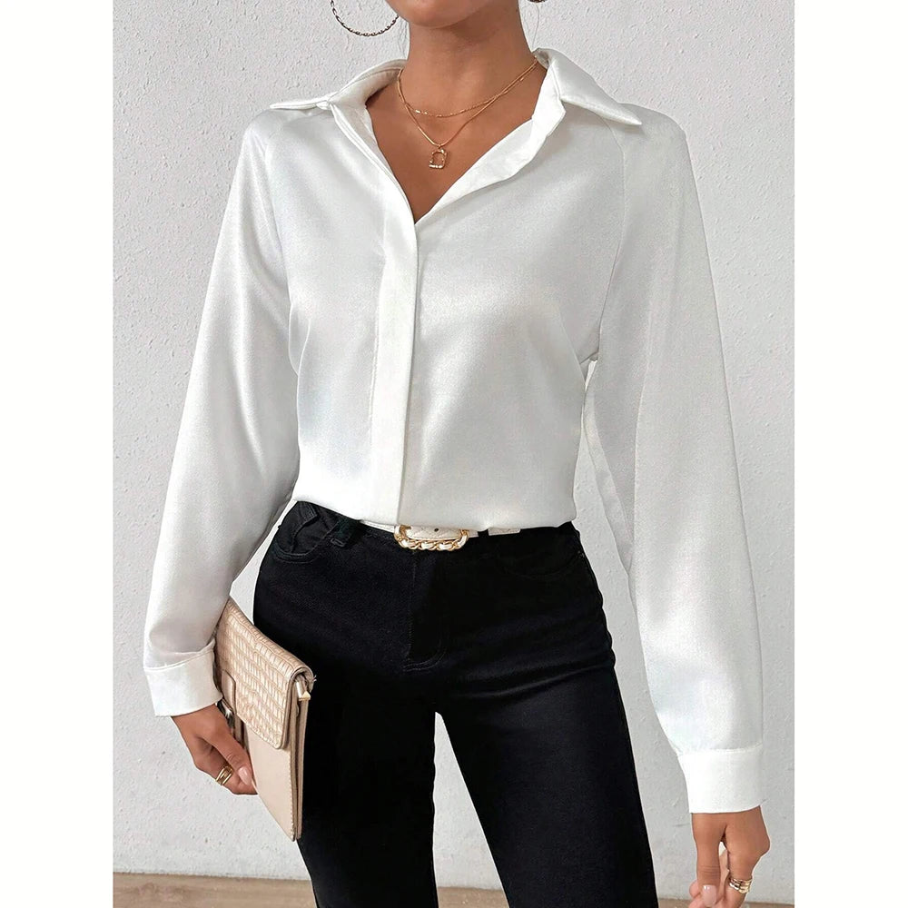 Mia Muse Women's Shirts Autumn Elegant Decent Plain Long Sleeve Shirt Collar Workwear Shirts