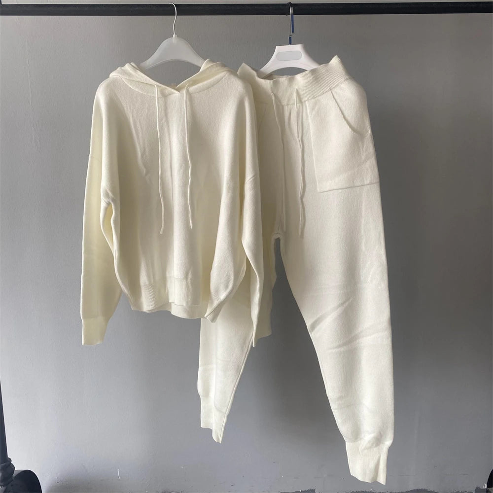 Jxwatcher Women's Sweater and Pant Sets With Real Fox Fur Collar Autumn Fashion Ladies Knitted Two Piece Set With Hooded Female