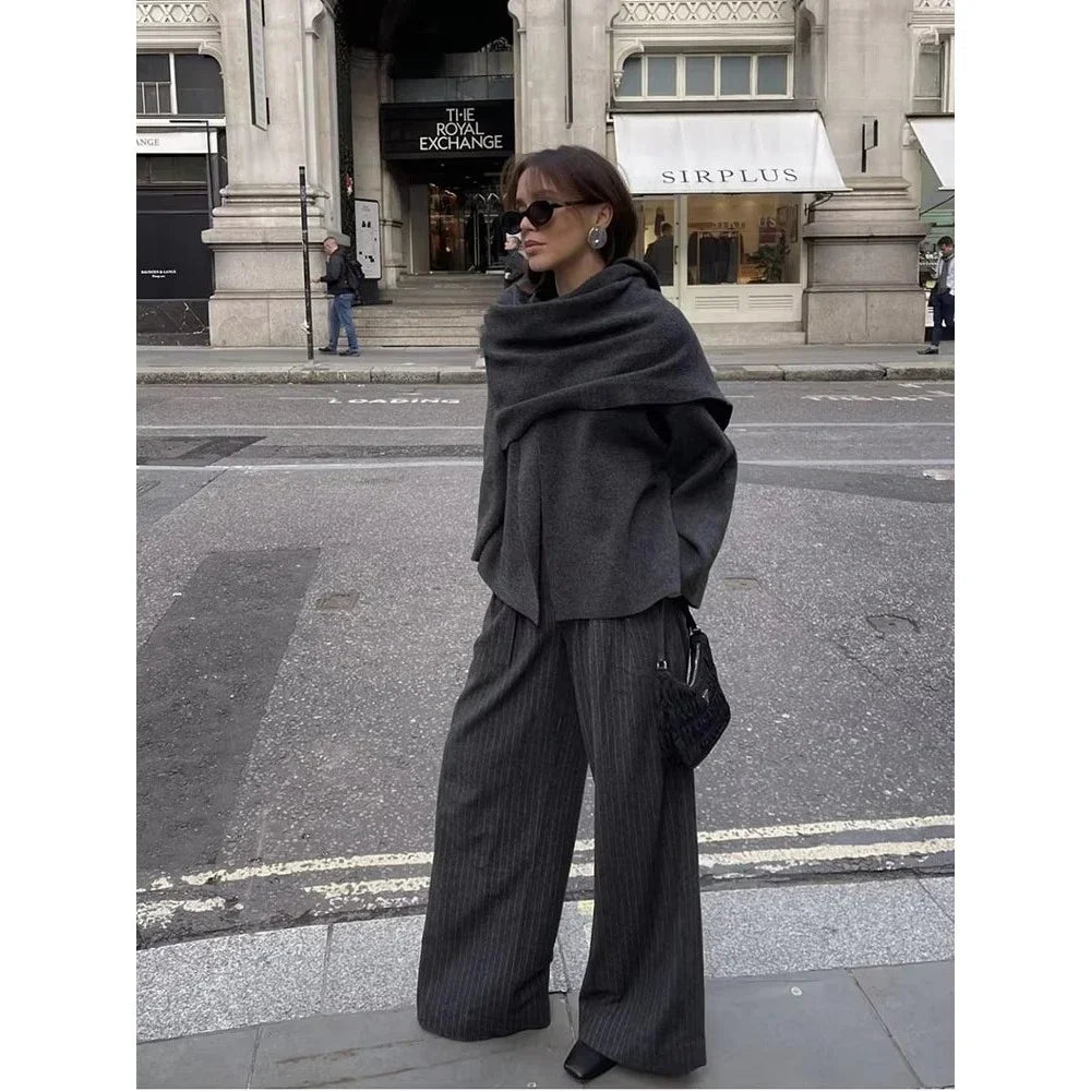 zark Warm Coat 2024 Autumn Lady Overcoat Women Fashion Scarf Decorated Woolen Jacket Solid Long Sleeve Loose Warm Overcoat