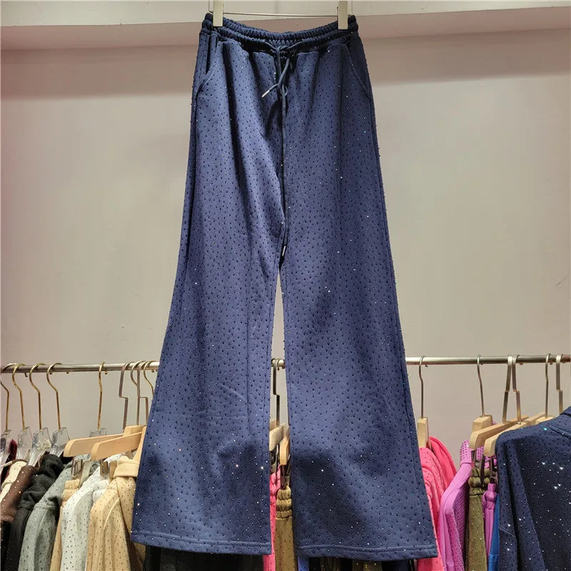 High Street Diamond Hoodies 2 Piece Sets Women Heavy Industry Washed Loose Casual Sportswear High Waist Wide Leg Pants Tracksuit