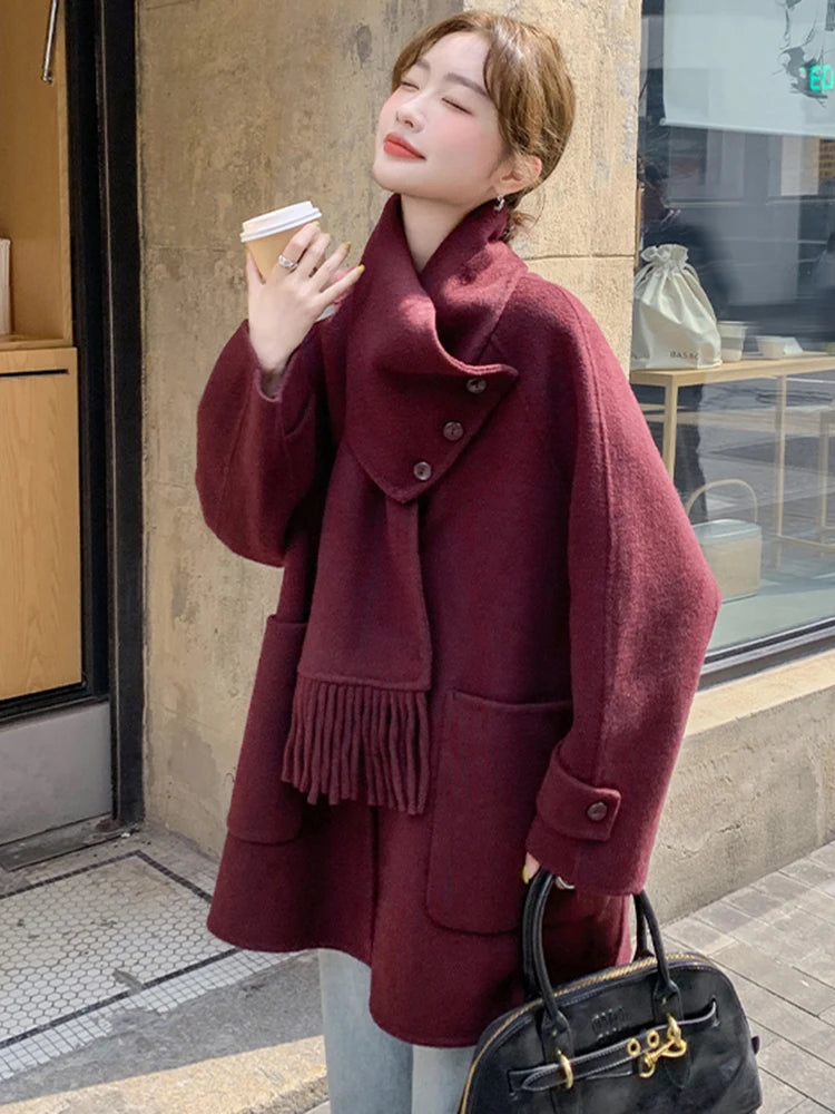LANMREM Korean Style Women Short Wool Coat Scarf V Neck Solid Color Single Breasted Jackets Fashion Winter New Clothing 2VV1935