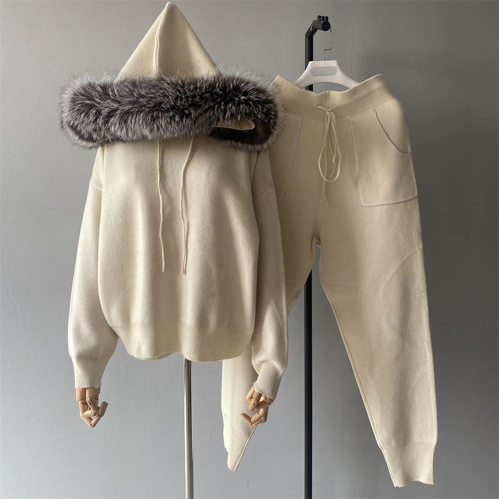 Jxwatcher Women's Sweater and Pant Sets With Real Fox Fur Collar Autumn Fashion Ladies Knitted Two Piece Set With Hooded Female