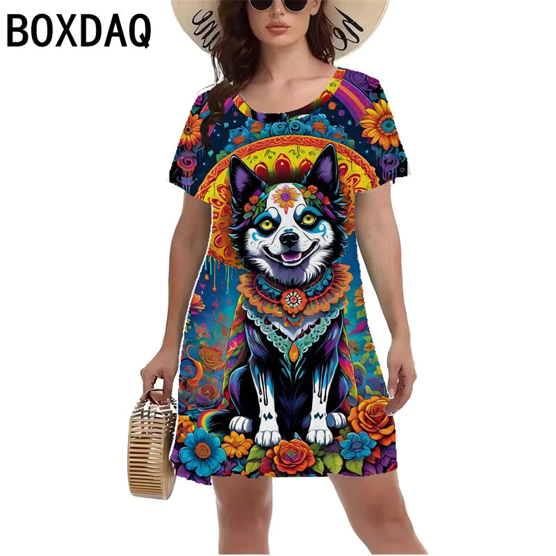 Fun Animal Pattern Print Dress Women Summer Short Sleeved Casual Beach Mini Dress S-3XL Female Fashion Personality A-Line Dress