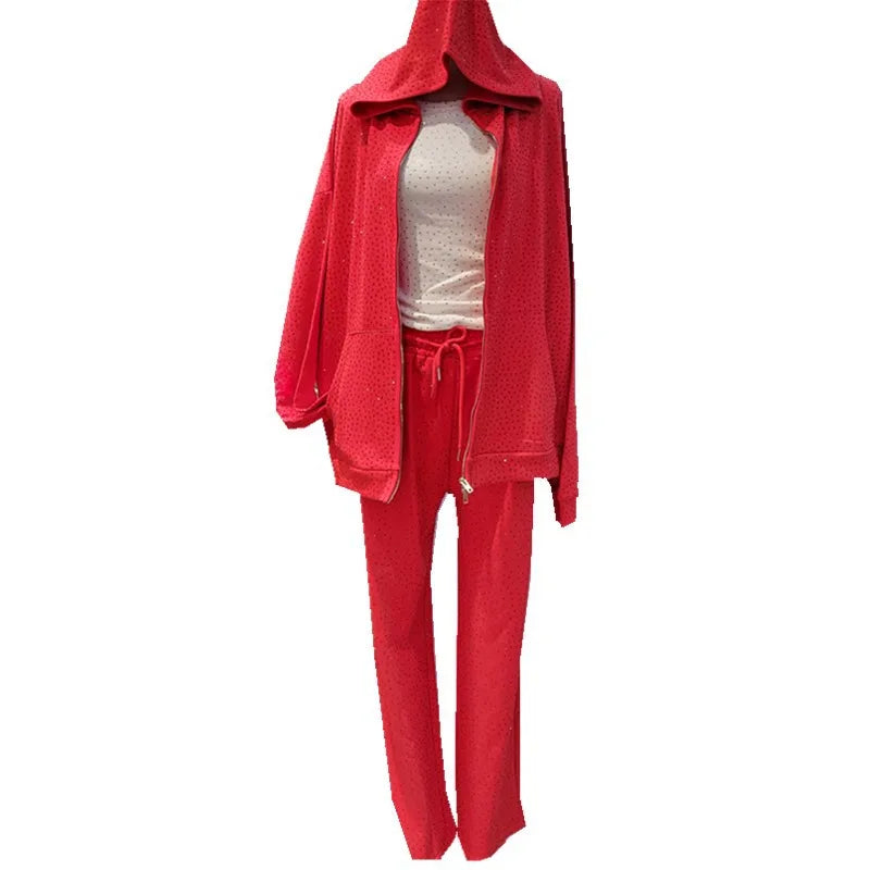 High Street Diamond Hoodies 2 Piece Sets Women Heavy Industry Washed Loose Casual Sportswear High Waist Wide Leg Pants Tracksuit