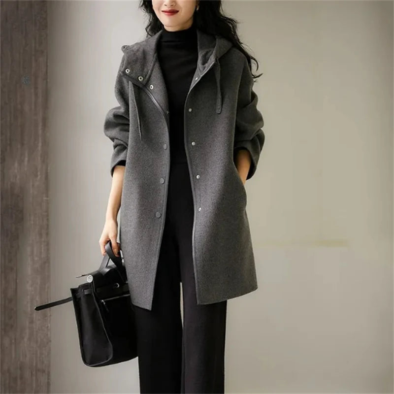 Autumn Winter Woolen Jacket Women New Loose Drawstring Hooded Coat Pure Colour Outerwear Fashion Covered Button Overcoat Female