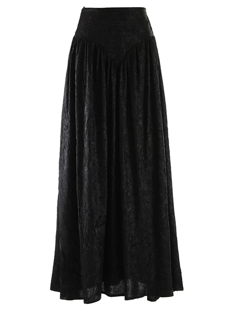 [EAM] Women Dark Gold Color Pleated Elegant Long A-line Half-body Skirt High Wais Fashion Tide New Spring Autumn 2024 1DF9488