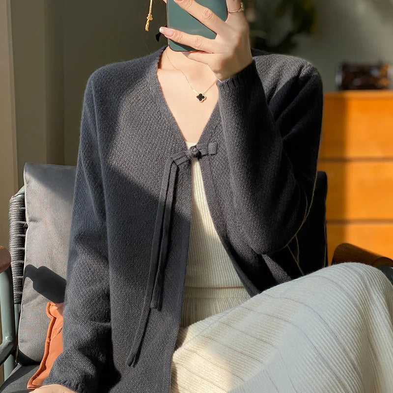 Spring Wool Cardigan Sweater Women Clothing V-neck Open Stitch Female Long Sleeve Tops Knitwears Korean Fashion New In Outerwear