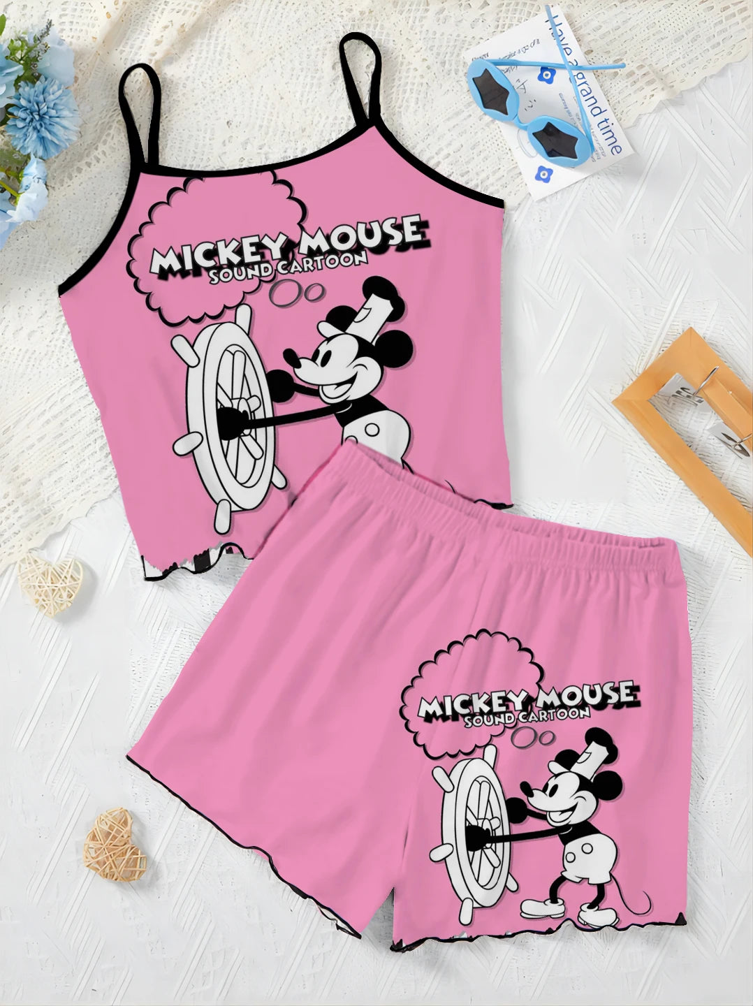 Top Disney Minnie Mouse Short Sets for Women 2 Pieces Lettuce Trim T-shirt Mickey Slip Dress Women's Suit Pajama Skirt Elegant