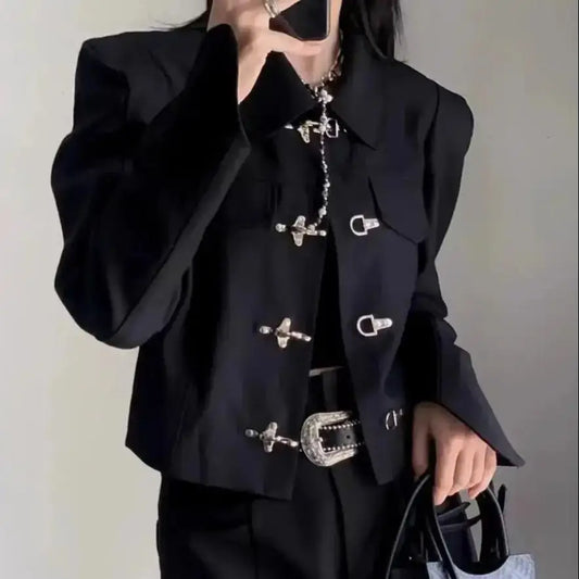 Suit Jacket Metal Button Short With Padded Shoulders Fashion Women Elegant Short Blazer Casual Vintage Solid Color Long Sleeve
