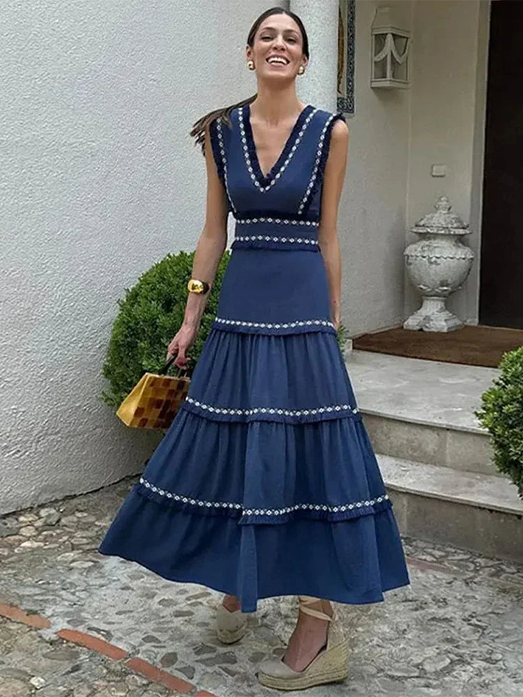 Chic Elegant Tassel Spliced Print Ruffles Long Dress Women Fashion V Neck Sleeveless A-line Robe 2024 Chic Lady Holiday Robe