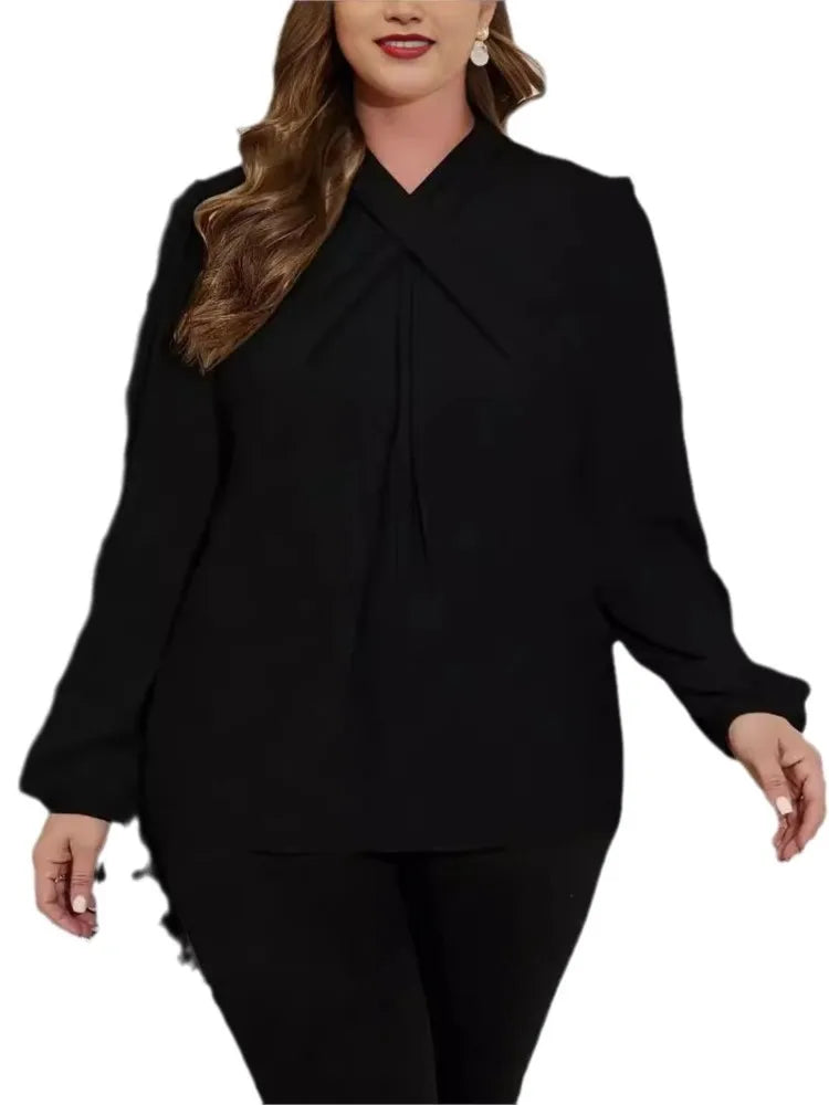 Plus Size Autumn Lantern Long Sleeve Pullover Tops Women Office Fashion Loose Pleated Ladies Blouses Casual Woman Black Tops