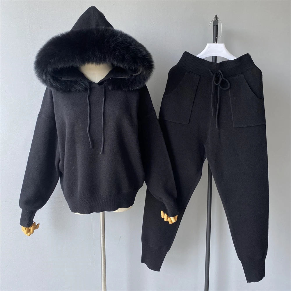 Jxwatcher Women's Sweater and Pant Sets With Real Fox Fur Collar Autumn Fashion Ladies Knitted Two Piece Set With Hooded Female