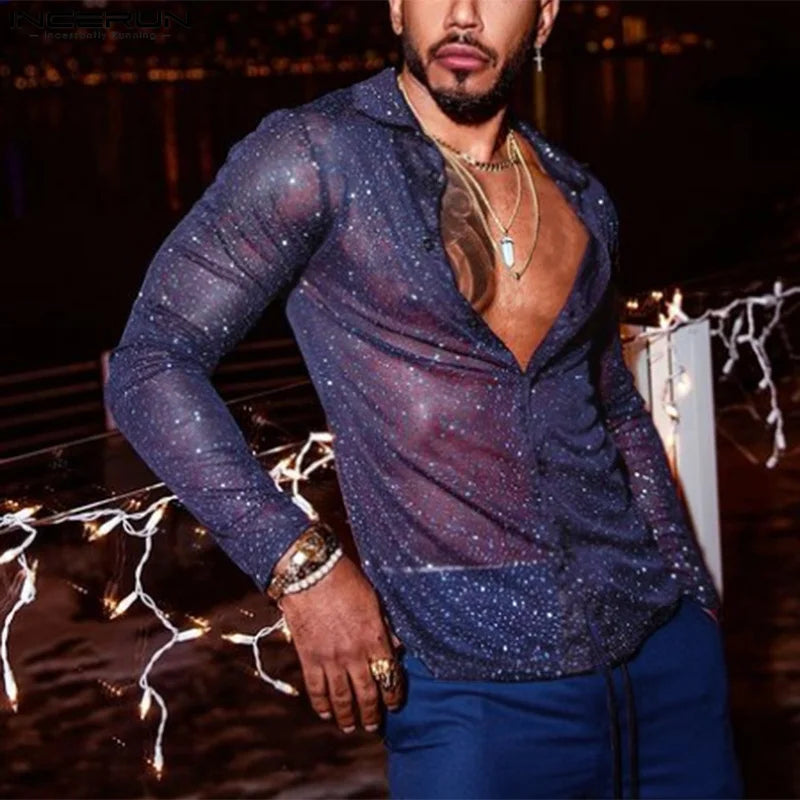 2024 Men Shirt Shiny Solid Color Lapel Long Sleeve Button Streetwear Party Fashion Men Clothing Casual Camisas S-5XL INCERUN