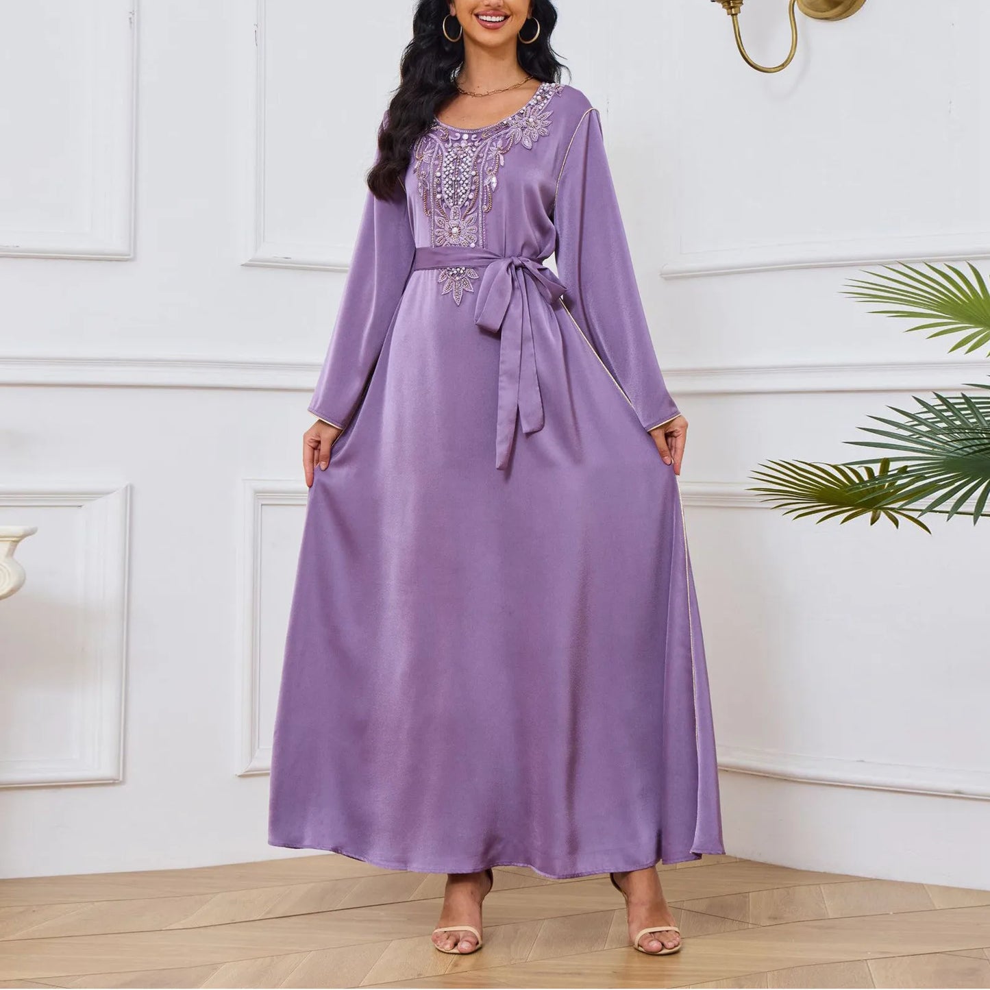 Abaya Arab Apparel Muscle Women's Gown Fashion Beaded New Dubai Dress Round-Neck With Belt Fashion Long Sleeves Women Clothing