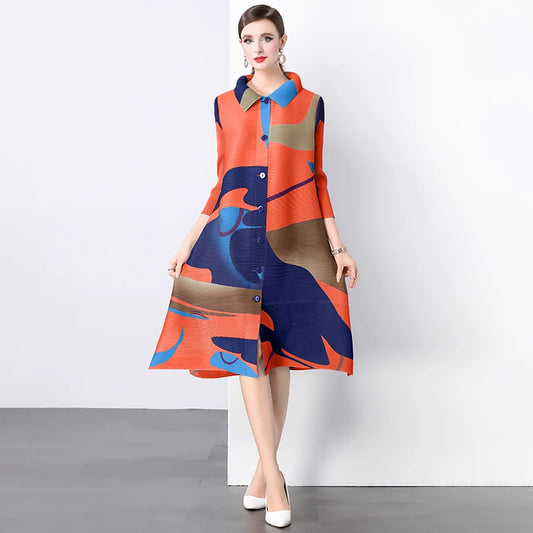 Miyake Pleated Large Size Shirt Dress Women's 2024 Autumn New Colorblock Print Stand Collar Loose Fat MM Slim Stretch Cardigans