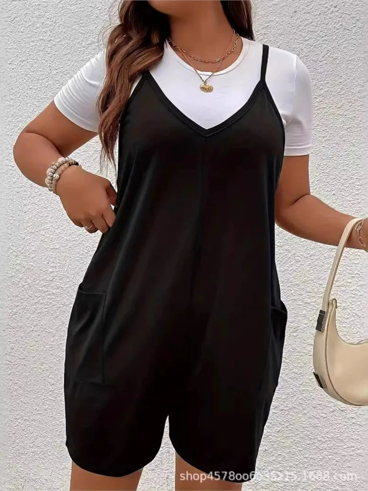Plus Size Summer Sleeveless Slip Jumpsuit Women Casual Fashion Ladies Jumpsuits Pleated Loose Wide Leg Woman Jumpsuit Shorts