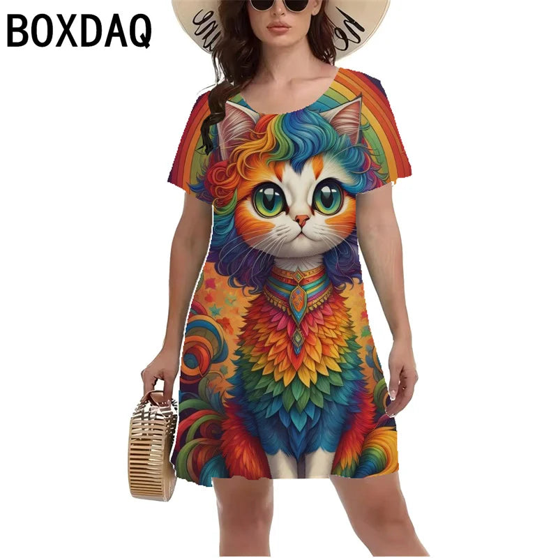 Fun Animal Pattern Print Dress Women Summer Short Sleeved Casual Beach Mini Dress S-3XL Female Fashion Personality A-Line Dress
