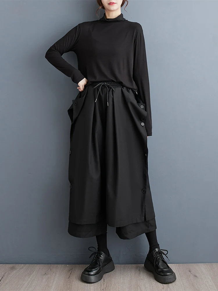 Black Vintage Button High Waist Wide Leg Pants Women New Casual Loose Oversize Trousers Fashion Streetwear Autumn Winter 2023