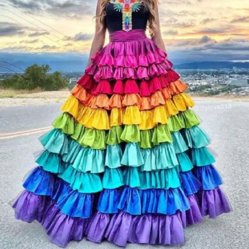 Rainbow Satin Skirt Woman Clothes Long High-waisted Skirts Death Day Costumes Long Skirts Women Clothing Colorful Satin Skirts