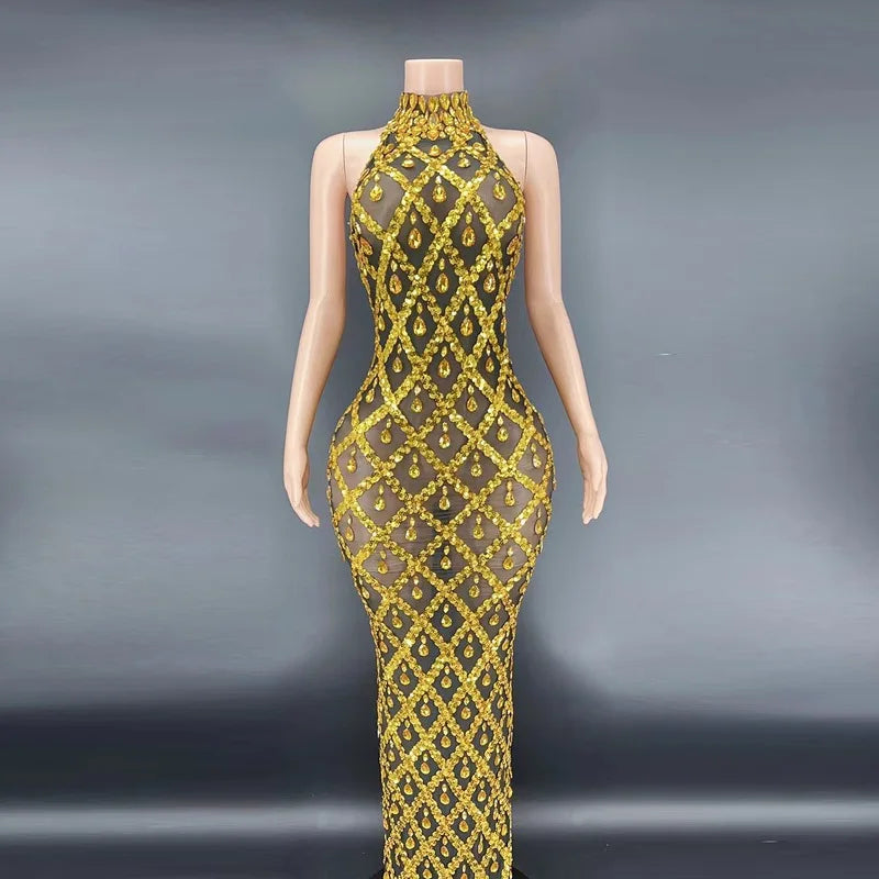 Sparkly Silver Sequins Sleeveless Birthday Wedding Dress Shiny Evening Celebrate Outfit Stretch Mesh Transparent Dance Dress