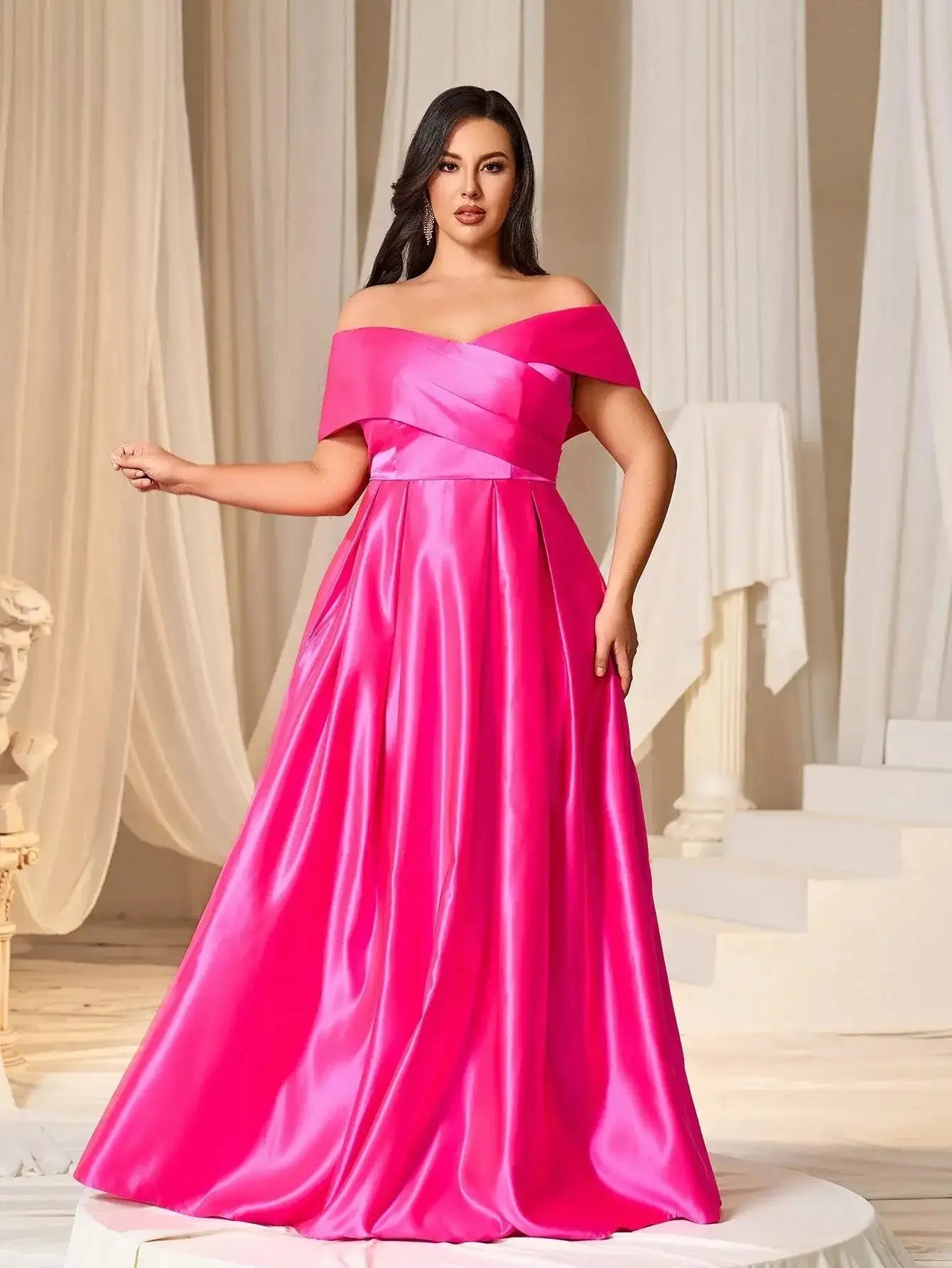 Plus Elegant Off Shoulder Satin A Line Prom Dress