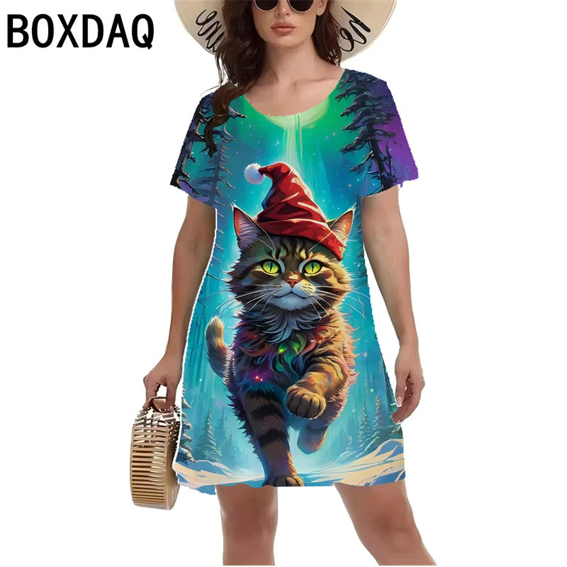 Fun Animal Pattern Print Dress Women Summer Short Sleeved Casual Beach Mini Dress S-3XL Female Fashion Personality A-Line Dress