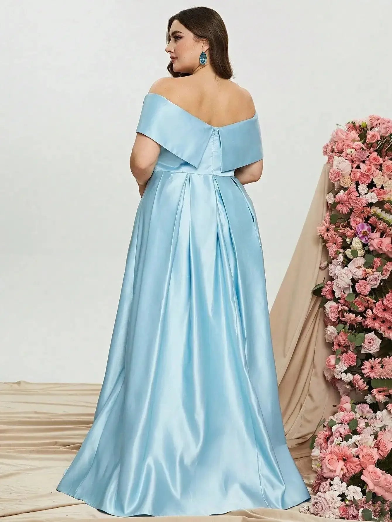 Plus Elegant Off Shoulder Satin A Line Prom Dress